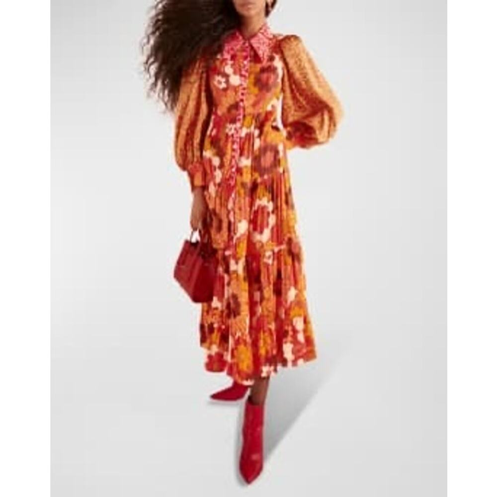 CeliaB Monte Rosa Floral Satin Tiered Button Front Midi Dress XS